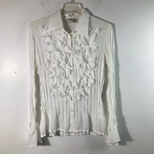 Womens Vintage Notations Crinkle Bow Bead Button Shirt Bell Sleeve M‎ White